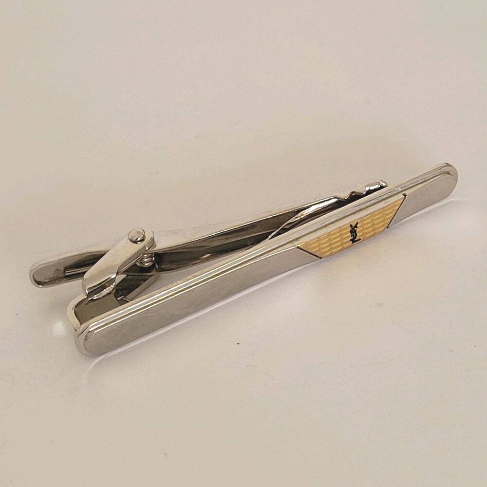 YSL Yves Saint Laurent Tie‎ Bar Clip Clasp Silver Tone 2in Logo Vintage Retro